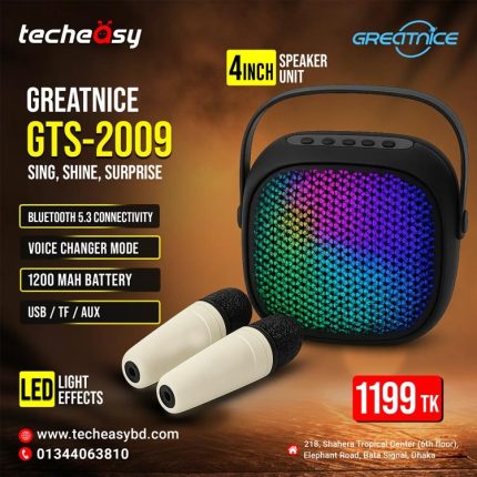 GTS-2009 Portable Bluetooth Karaoke Speaker – Dual Mic, Voice Changer & LED Lights